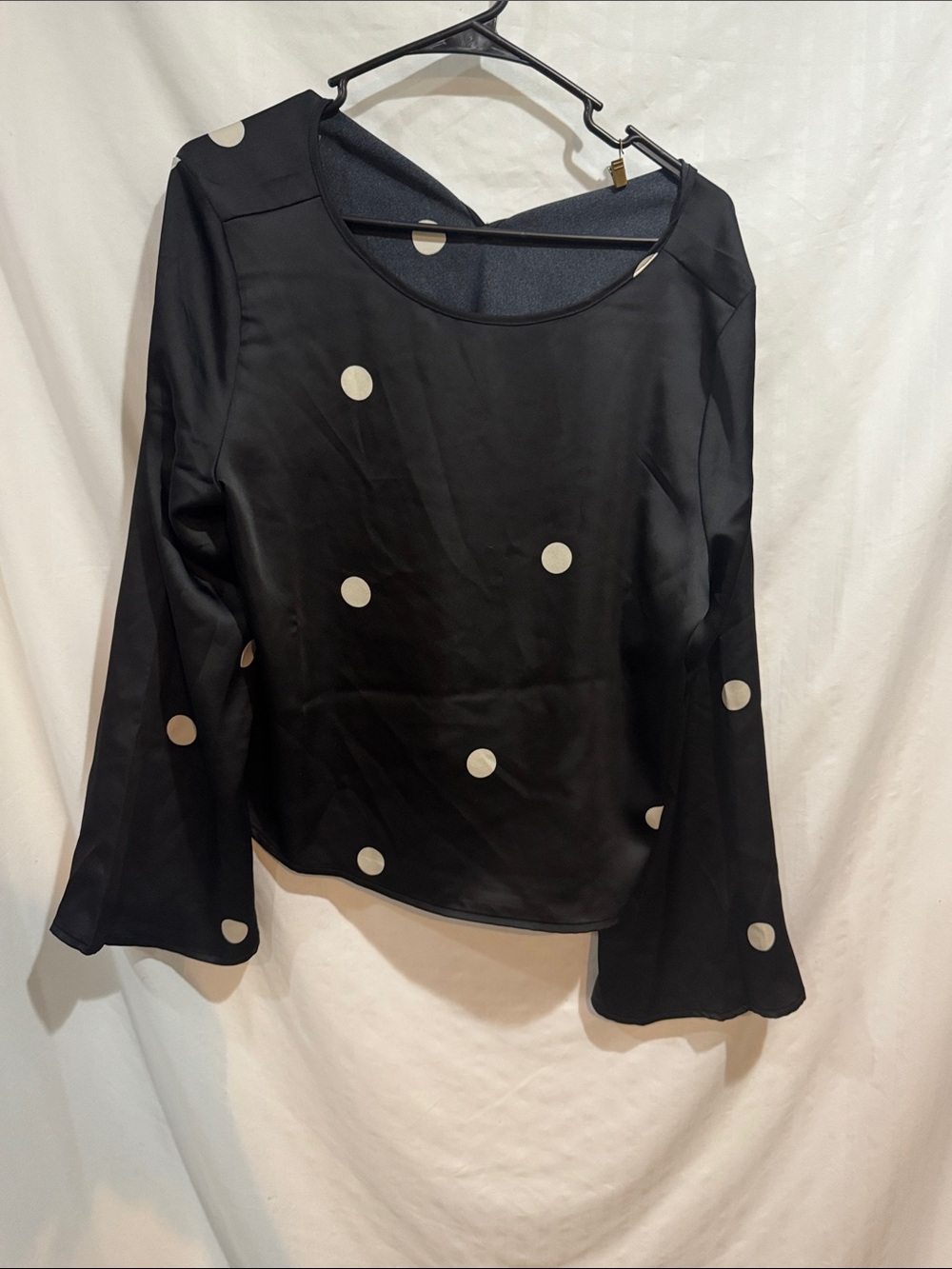 a new day Black Blouse with White Polka Dots and Flared Sleeves